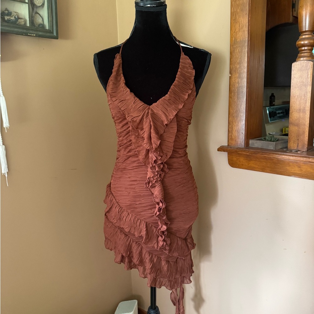 Zara Ruffled Halter Mini Dress in Brown
